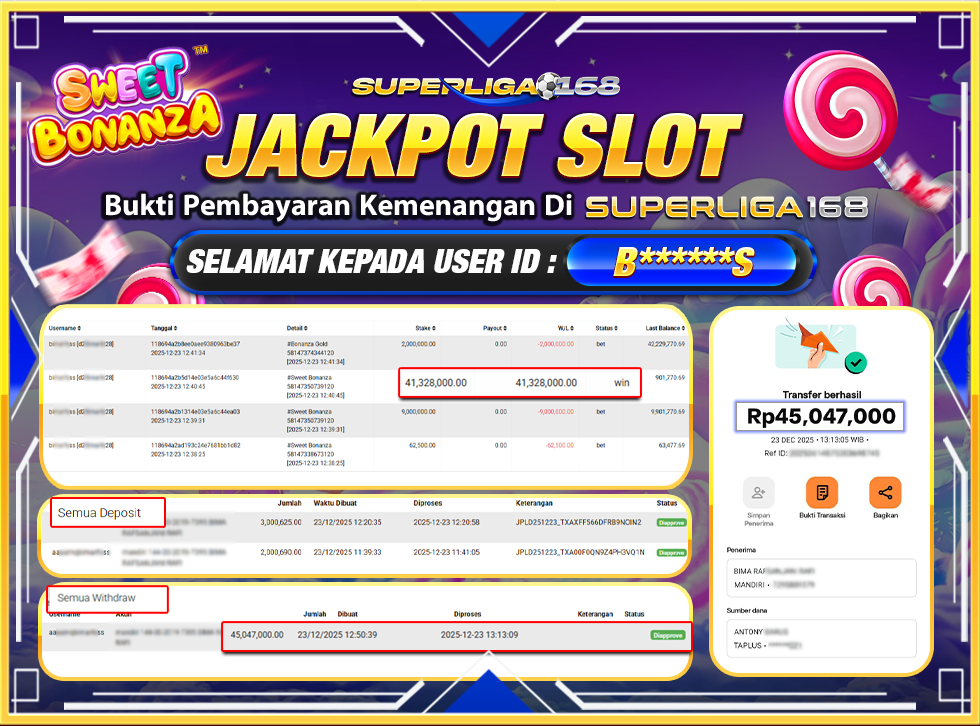 SUPERLIGA168 JACKPOT SWEET BONANZA Rp.45,914,000,LUNASSS