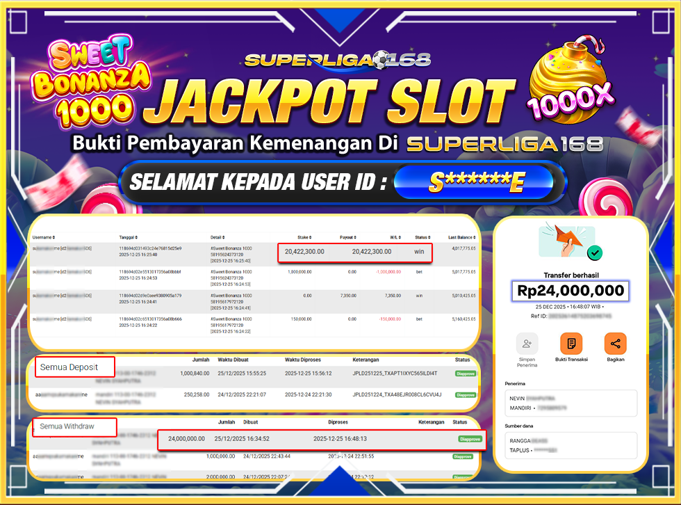 SUPERLIGA168 SWEET BONANZA 1000 Rp.24,000,000LUNASS