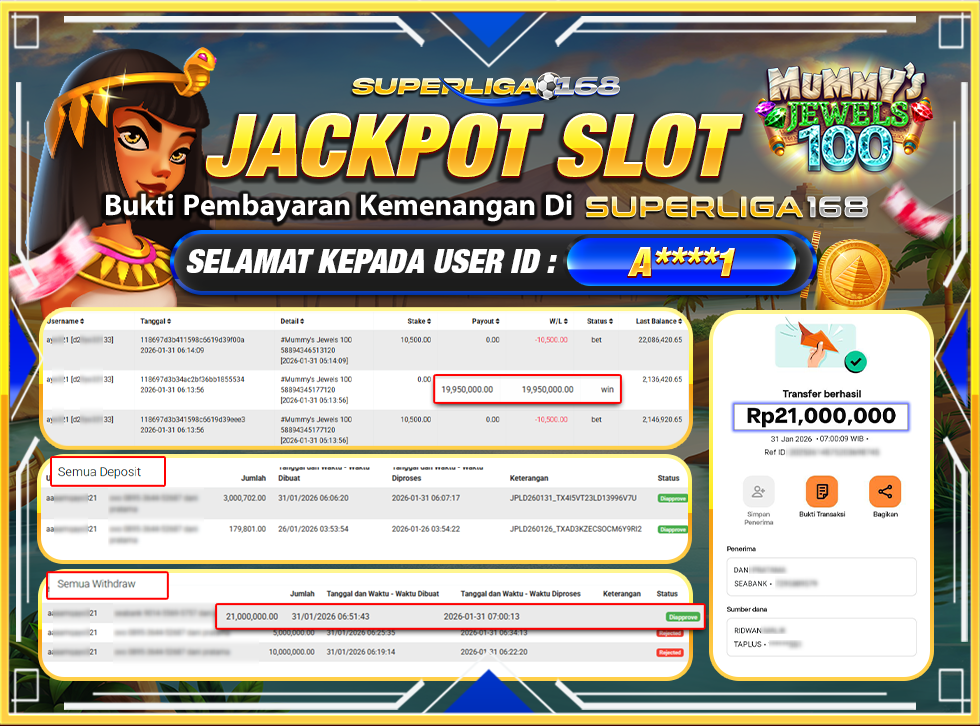 SUPERLIGA168 JACKPOT MUMMY'S JEWELS 100 Rp.21,000,000.LUNASSS
