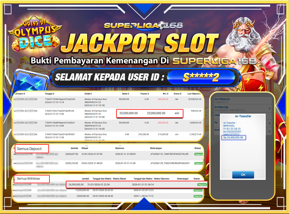 SUPERLIGA168 JACKPOT GATES OF OLYMPUS DICE Rp.26,500,000.LUNASSS